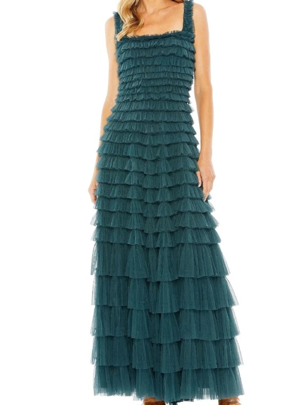 Mac Duggal Teal Tiered Ruffle Tulle Gown